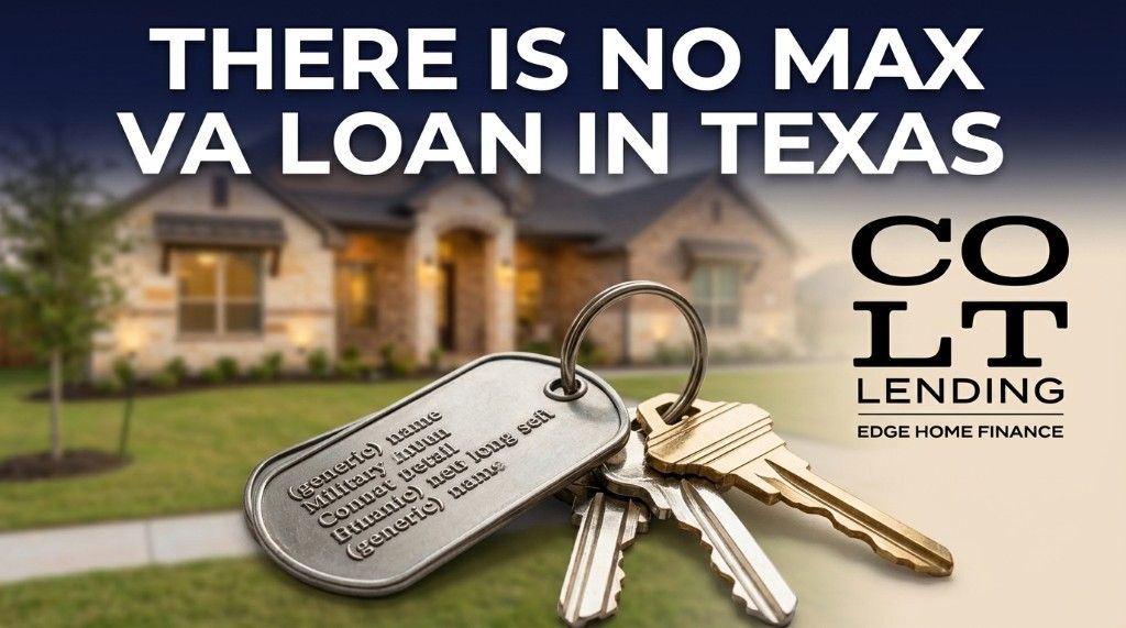House keys on a military dog tag in front of a Texas home with headline: There is no max VA loan in Texas, and the Colt Lending logo.