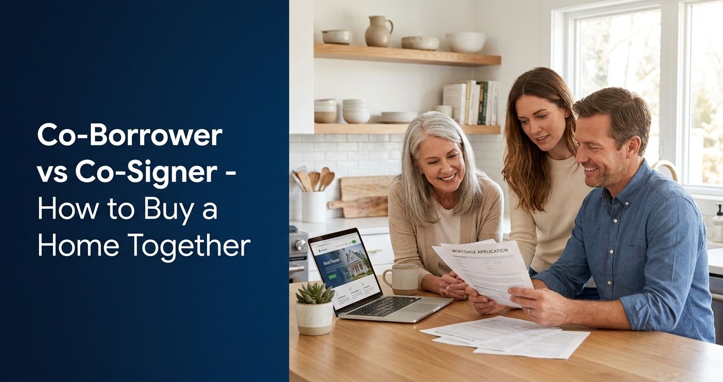 Young couple and parent reviewing mortgage paperwork together at a kitchen table; co-borrower and co-signer guide featured image for Colt Lending.