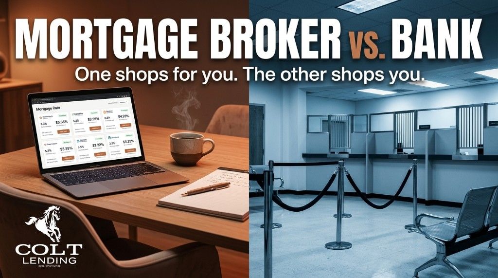Split-screen comparison of mortgage broker workspace versus retail bank branch lobby.