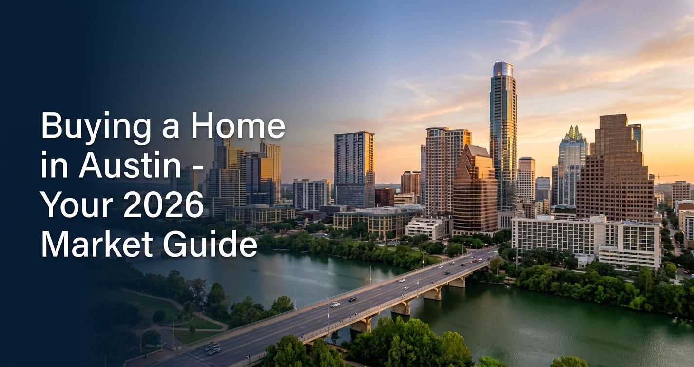 Aerial view of Austin Texas downtown skyline at golden hour over Lady Bird Lake with buying guide headline overlay; Colt Lending featured image.