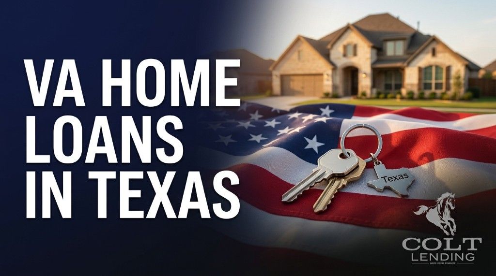 VA home loans in Texas graphic with US flag, home, and keys.