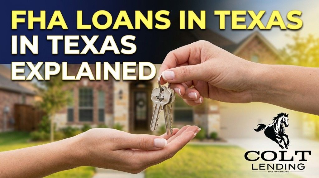 Keys being handed over in front of a Texas home with text: FHA Loans in Texas Explained.