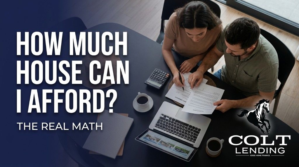 Couple reviewing mortgage paperwork and calculator at a table; headline How Much House Can I Afford; Colt Lending logo.