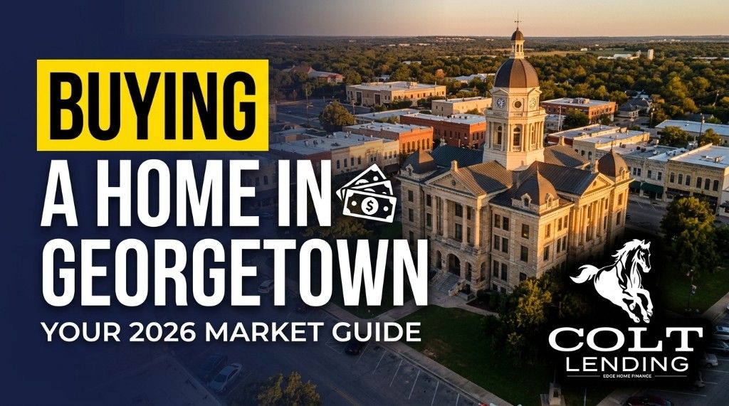 Aerial view of Georgetown Texas historic square at sunset with buying guide headline overlay; Colt Lending logo.