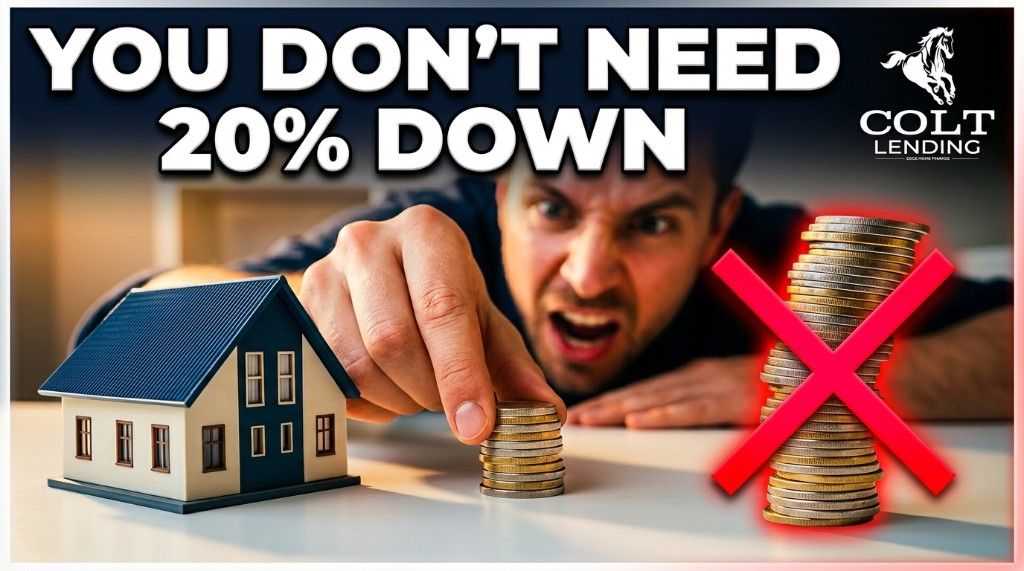 You do not need 20% down headline with model house, small coin stack, and large stack crossed out; Colt Lending logo.