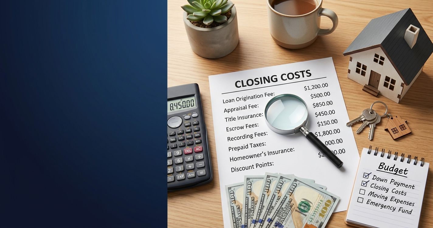 Closing costs document with magnifying glass, calculator, model house, keys, and budget notepad on a wooden desk; Hidden Costs of Buying a Home featured image for Colt Lending.