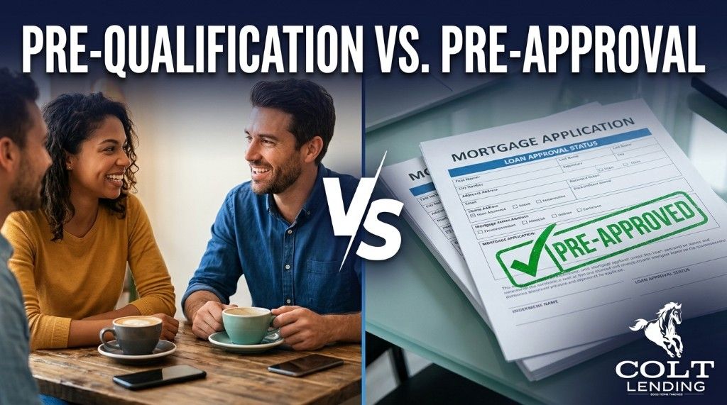 Pre-qualification versus pre-approval comparison image with buyer consultation and approval letter.