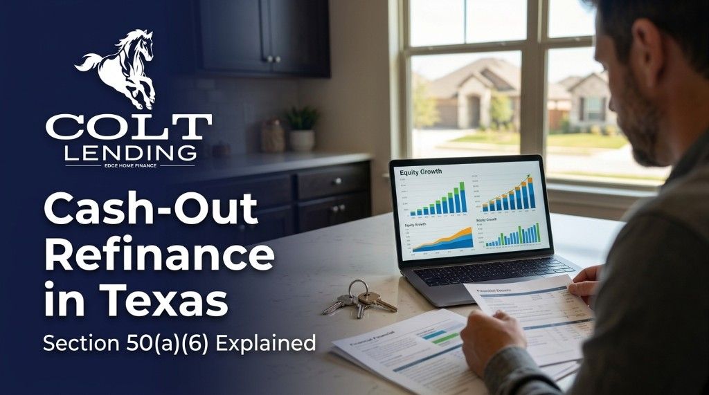 Colt Lending branding with homeowner reviewing equity charts on a laptop; Texas cash-out refinance and Section 50(a)(6) topic.