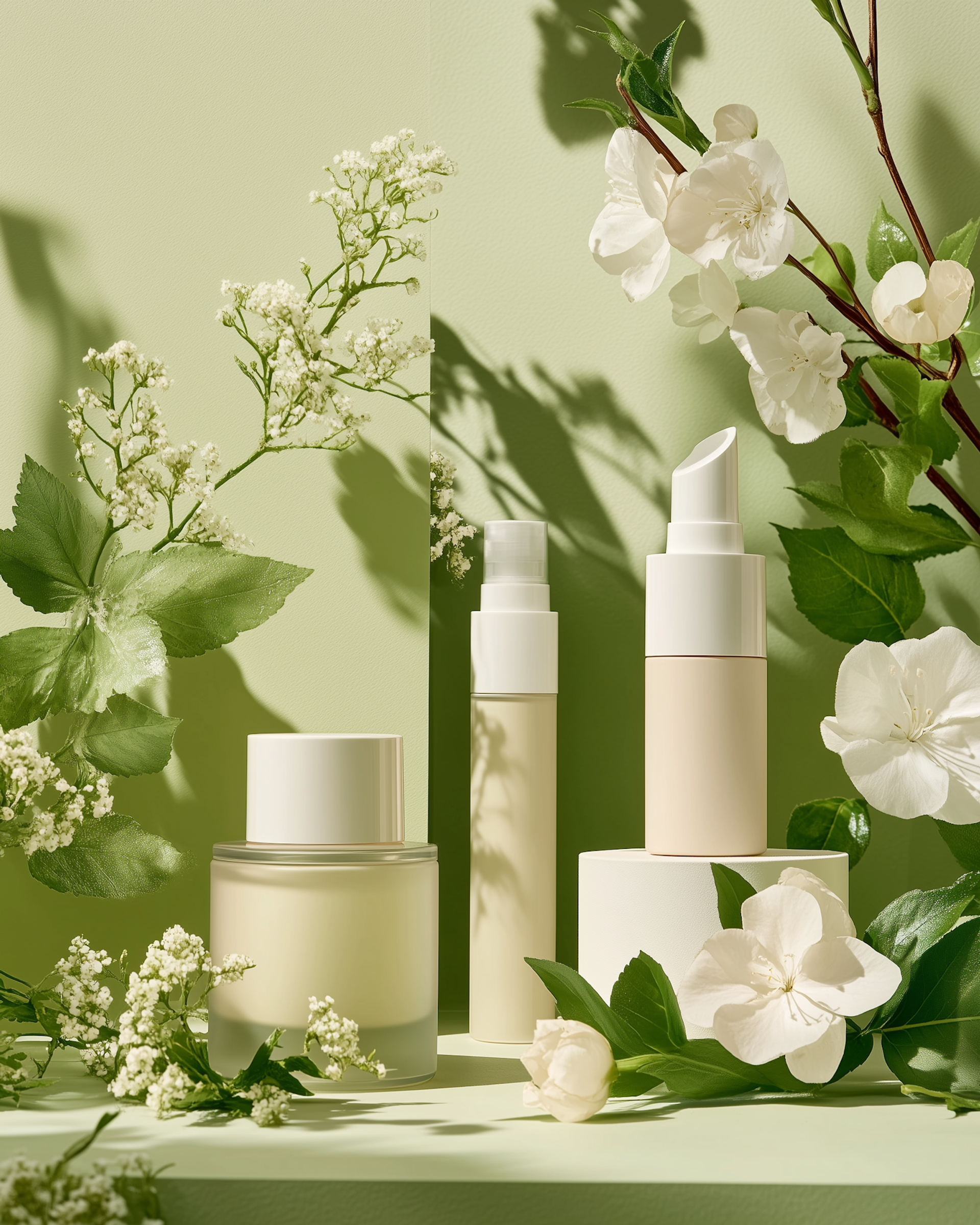 Skincare bottles among green leaves and white flowers