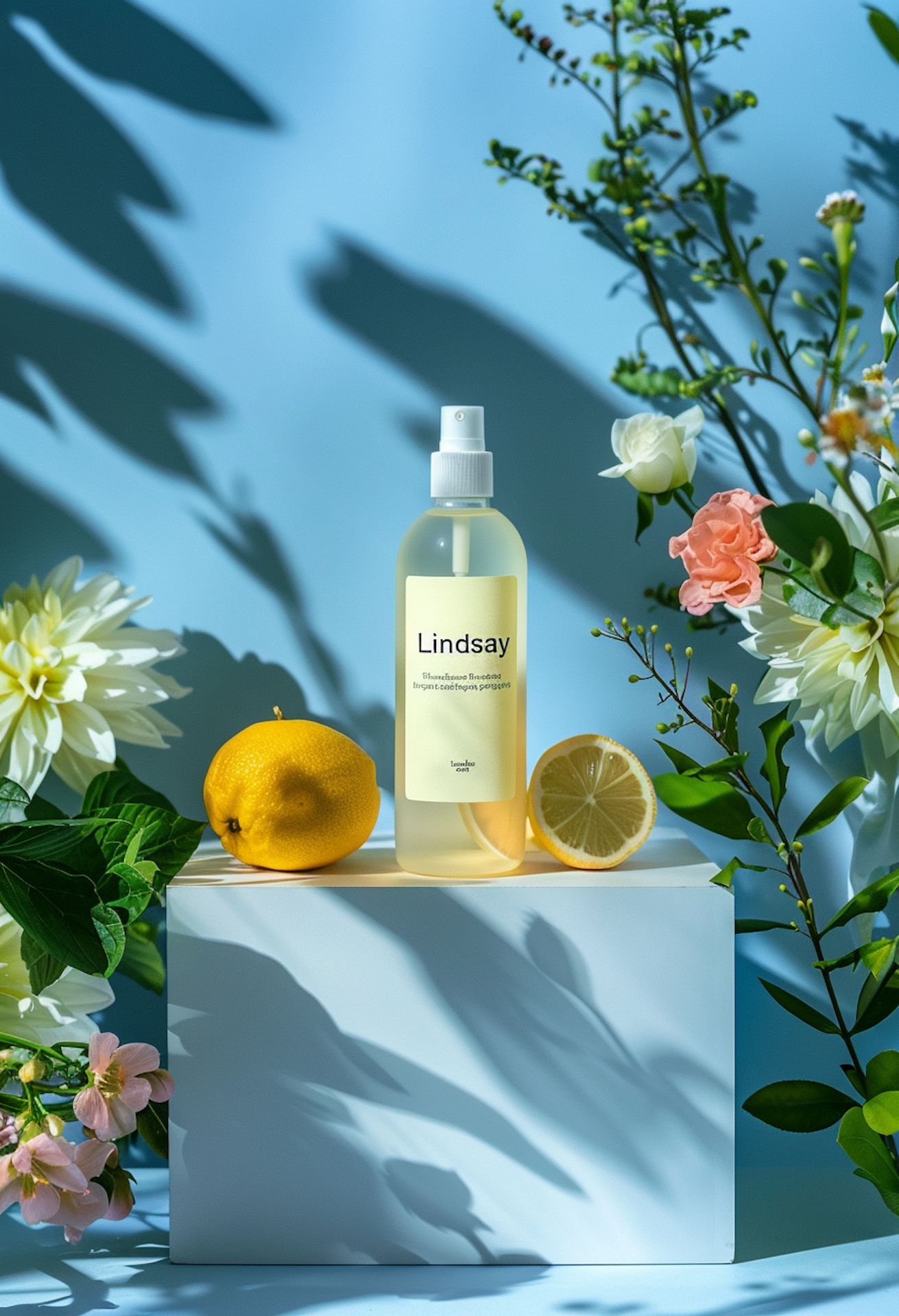 Spray bottle on a white block with lemons and flowers in blue light