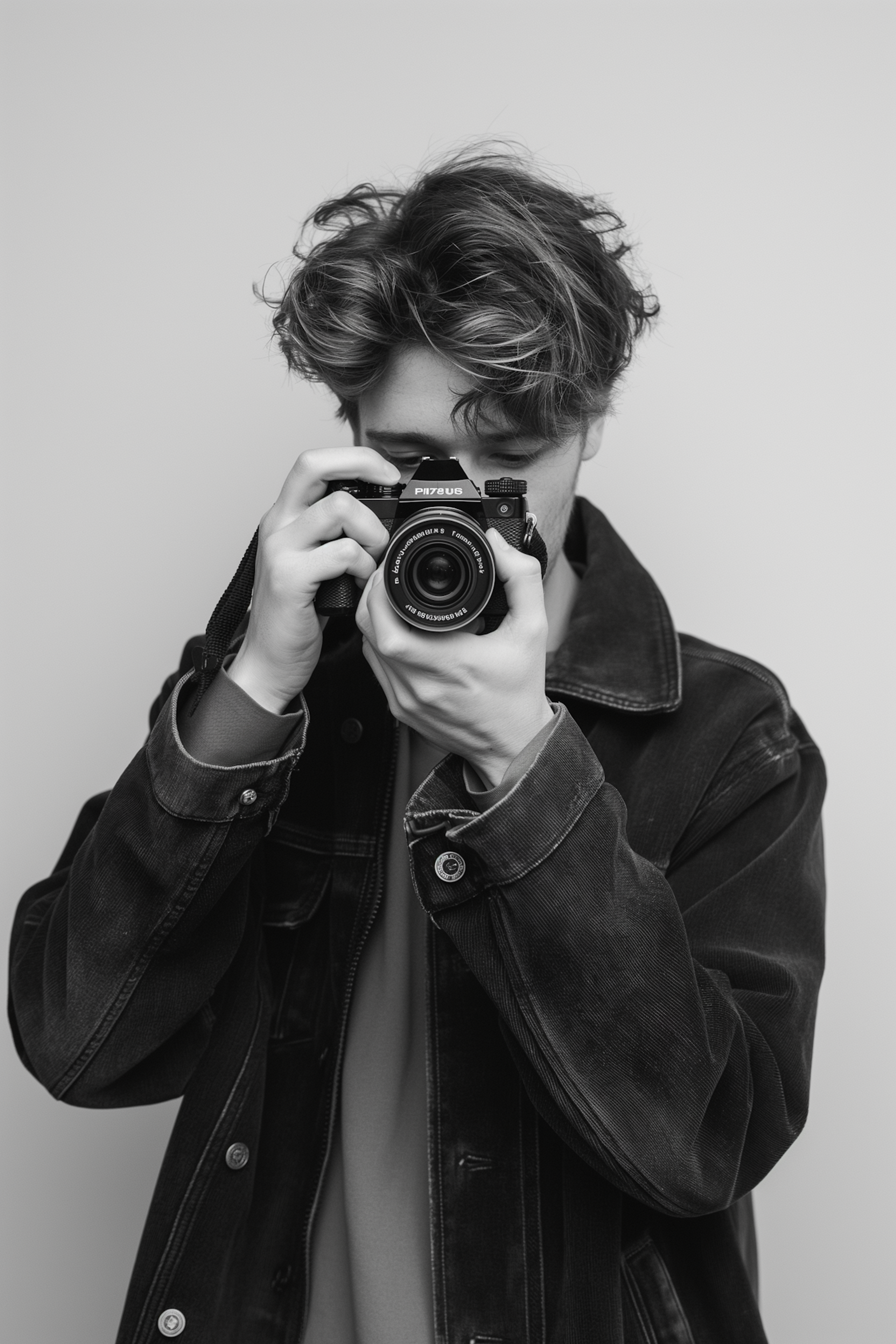 Black-and-white portrait of Leo Martins holding a camera