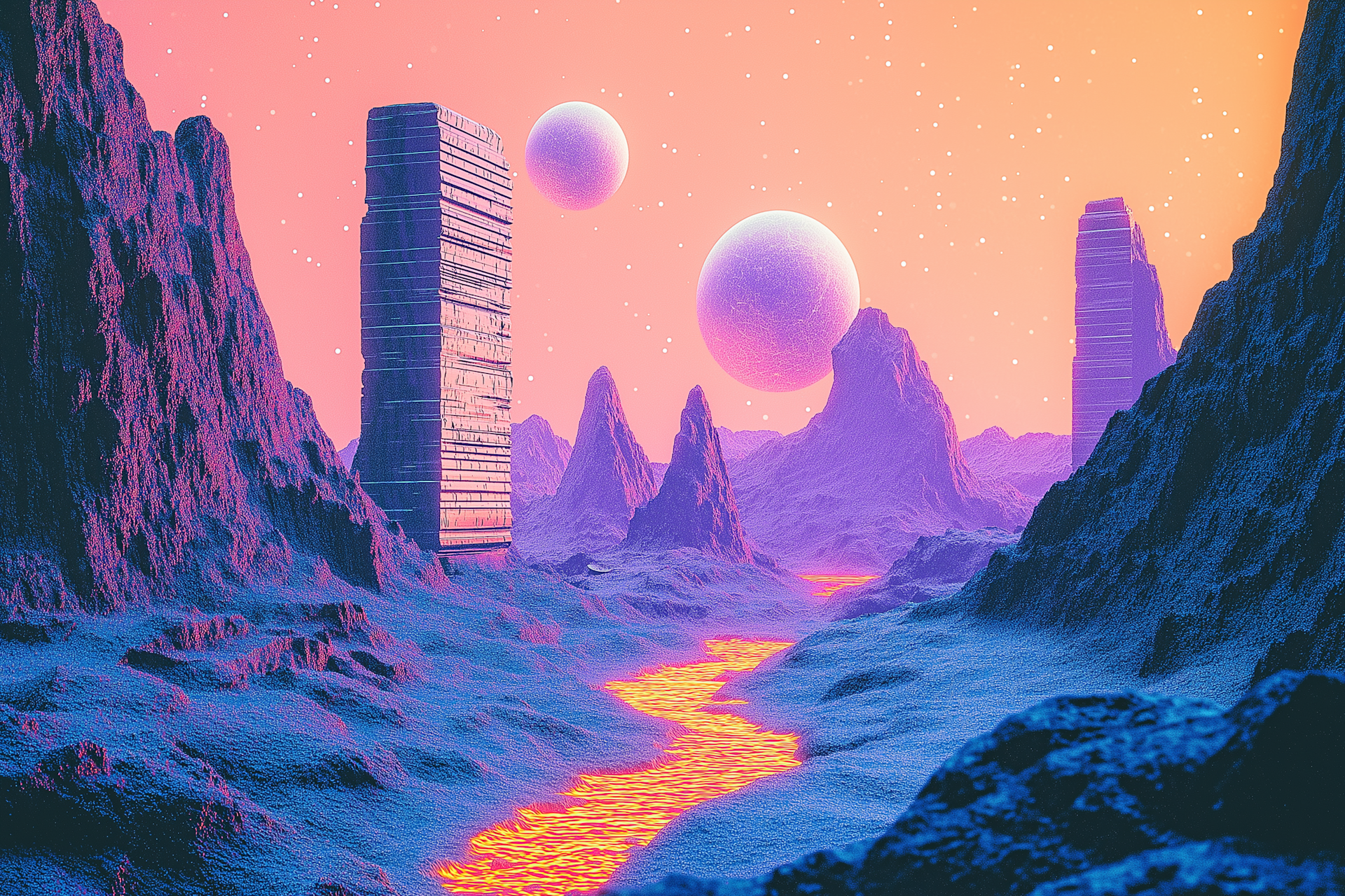 Surreal purple valley with a glowing river, a tall tower and floating planets