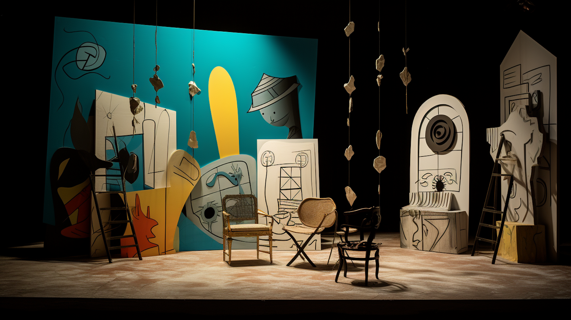 Theatrical stage set with painted shapes and a chair