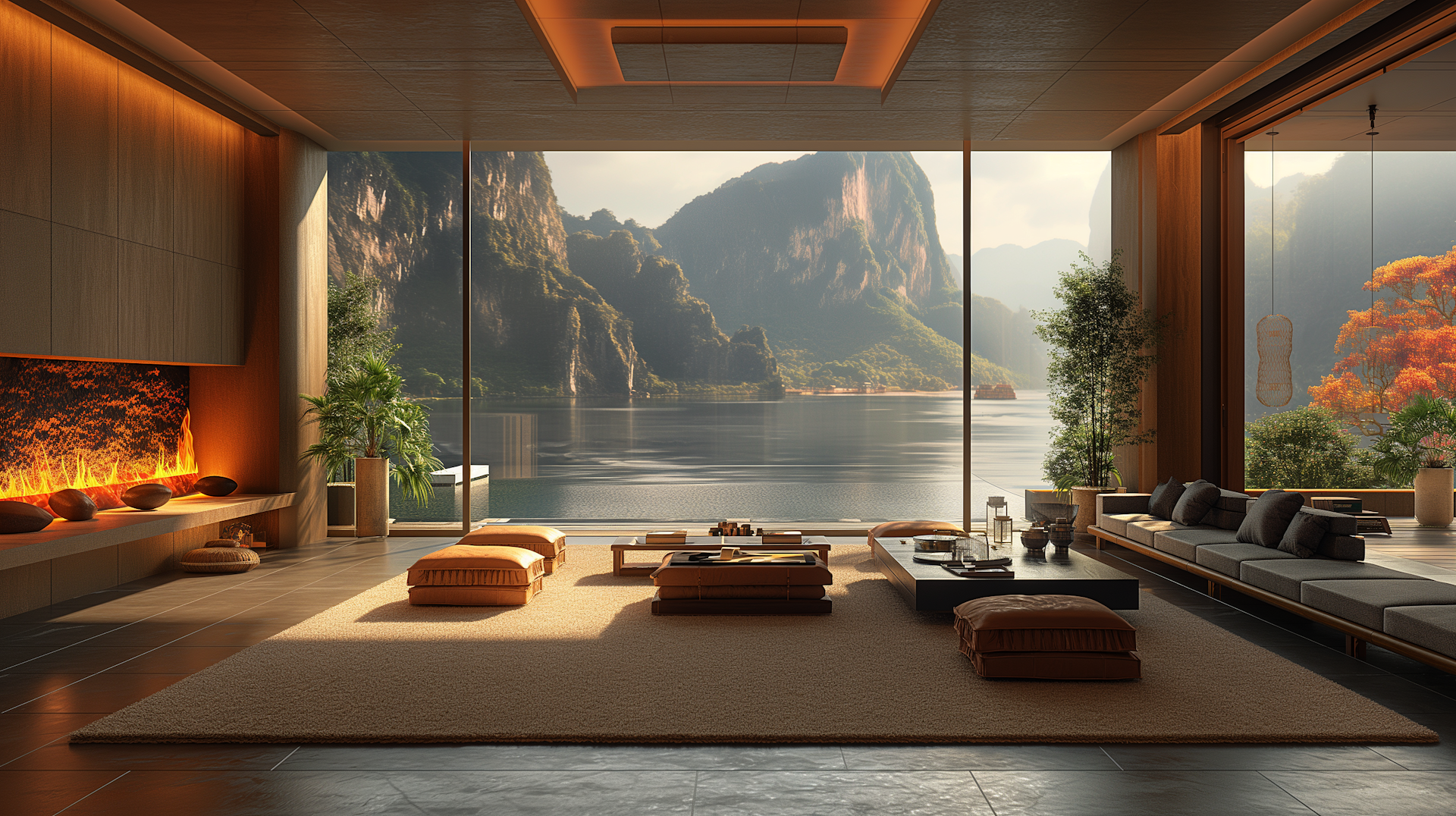 Modern living room with large windows