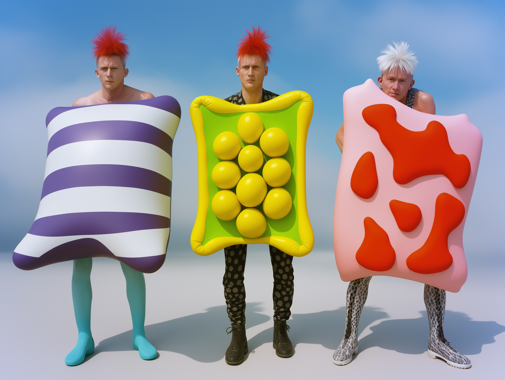 Three people in colourful inflatable costumes