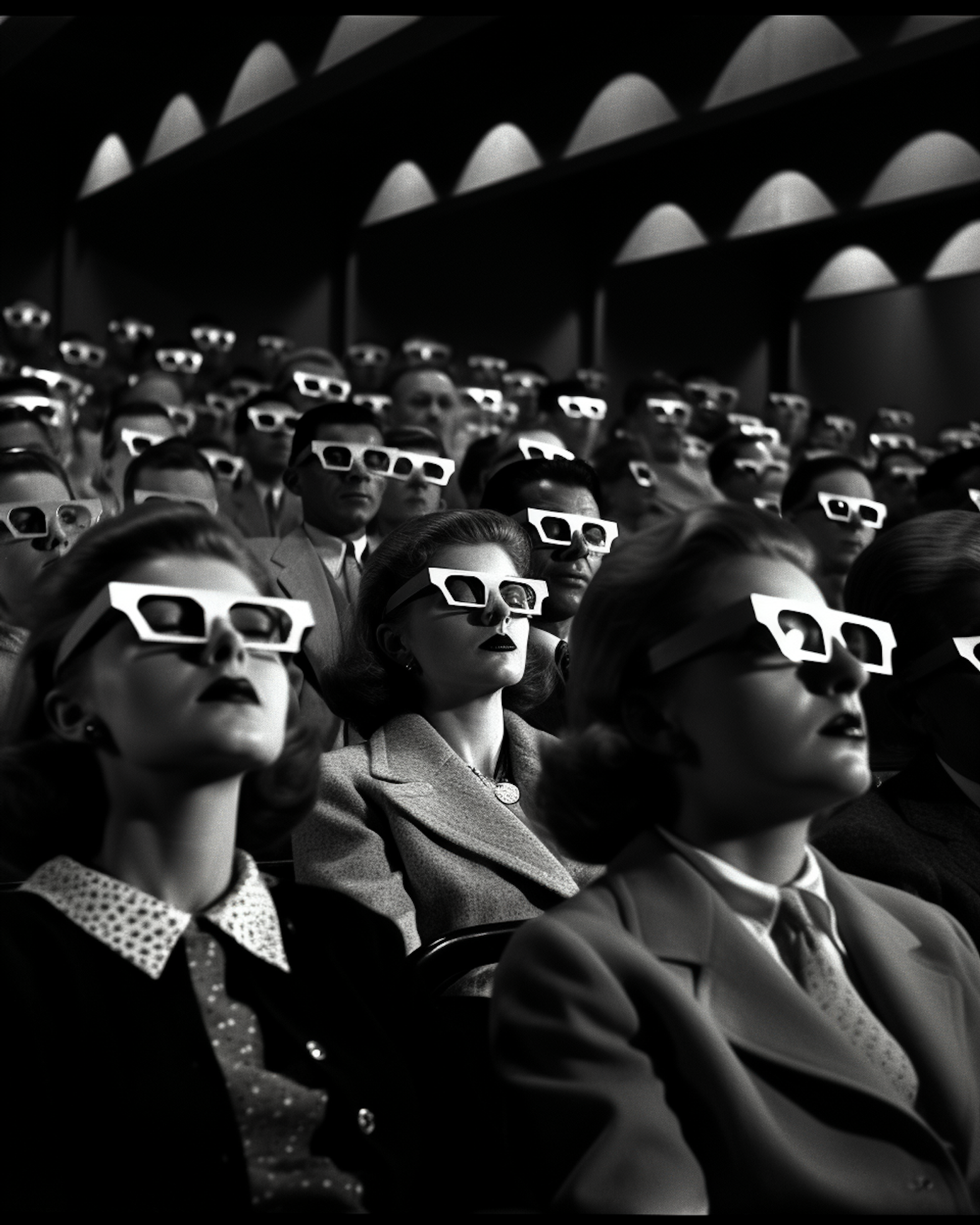 Black-and-white photo of an audience wearing 3D glasses