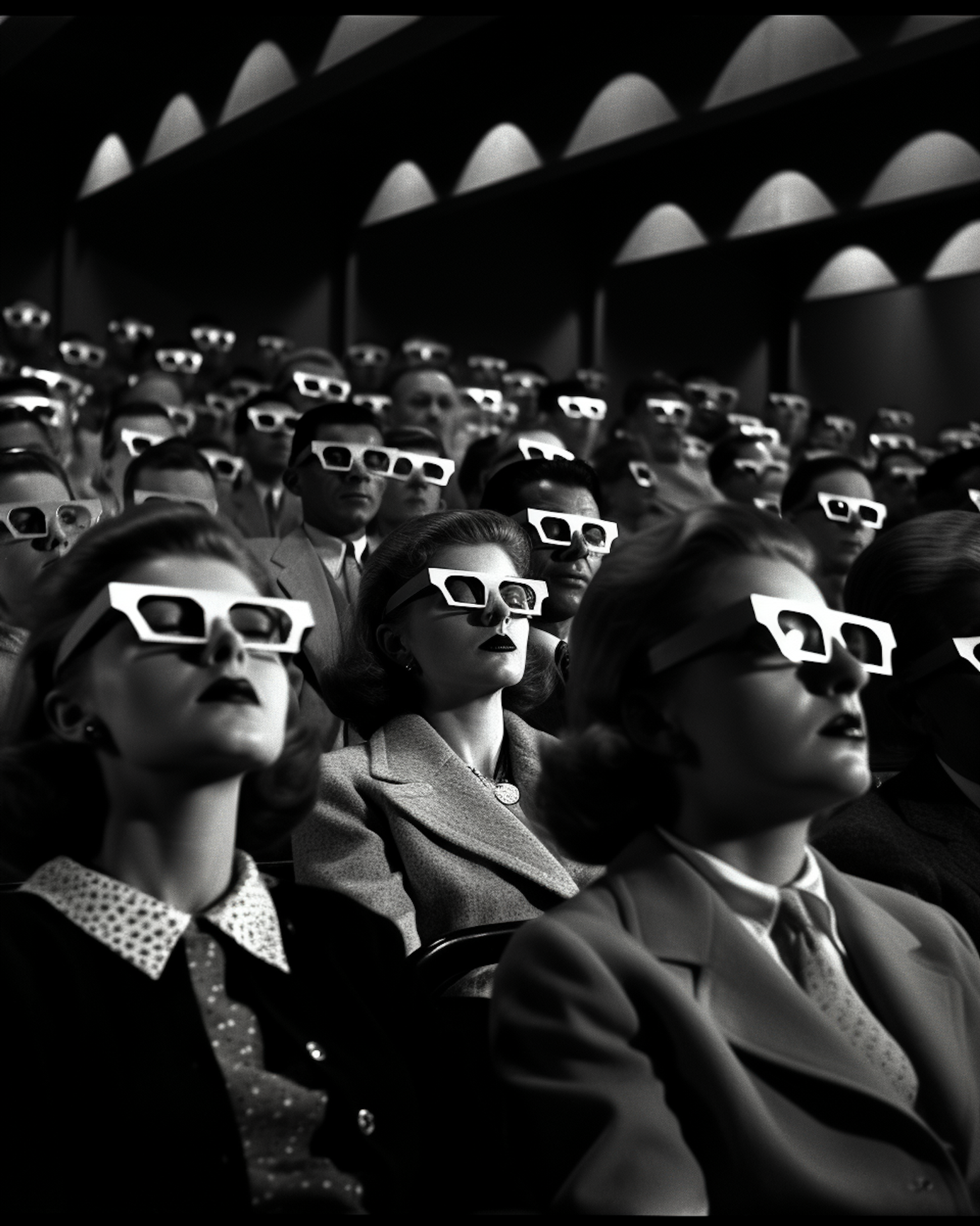 Black-and-white photo of an audience wearing 3D glasses