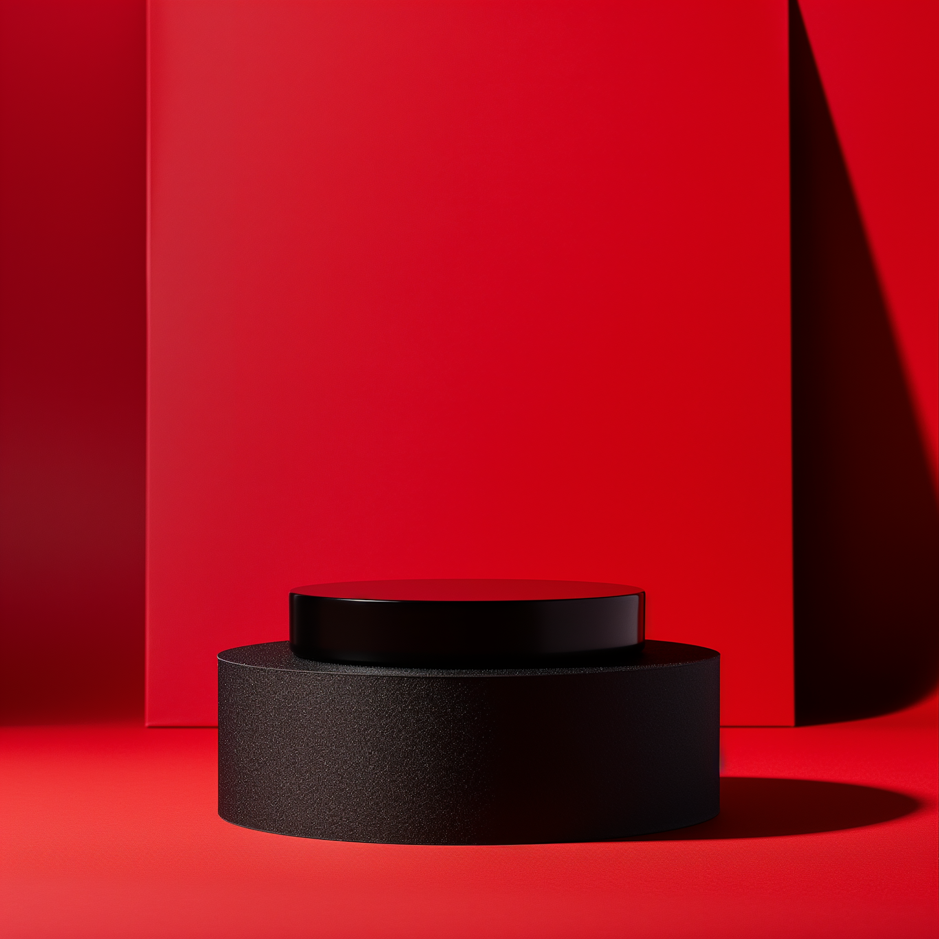 Black podium on a bright red stage