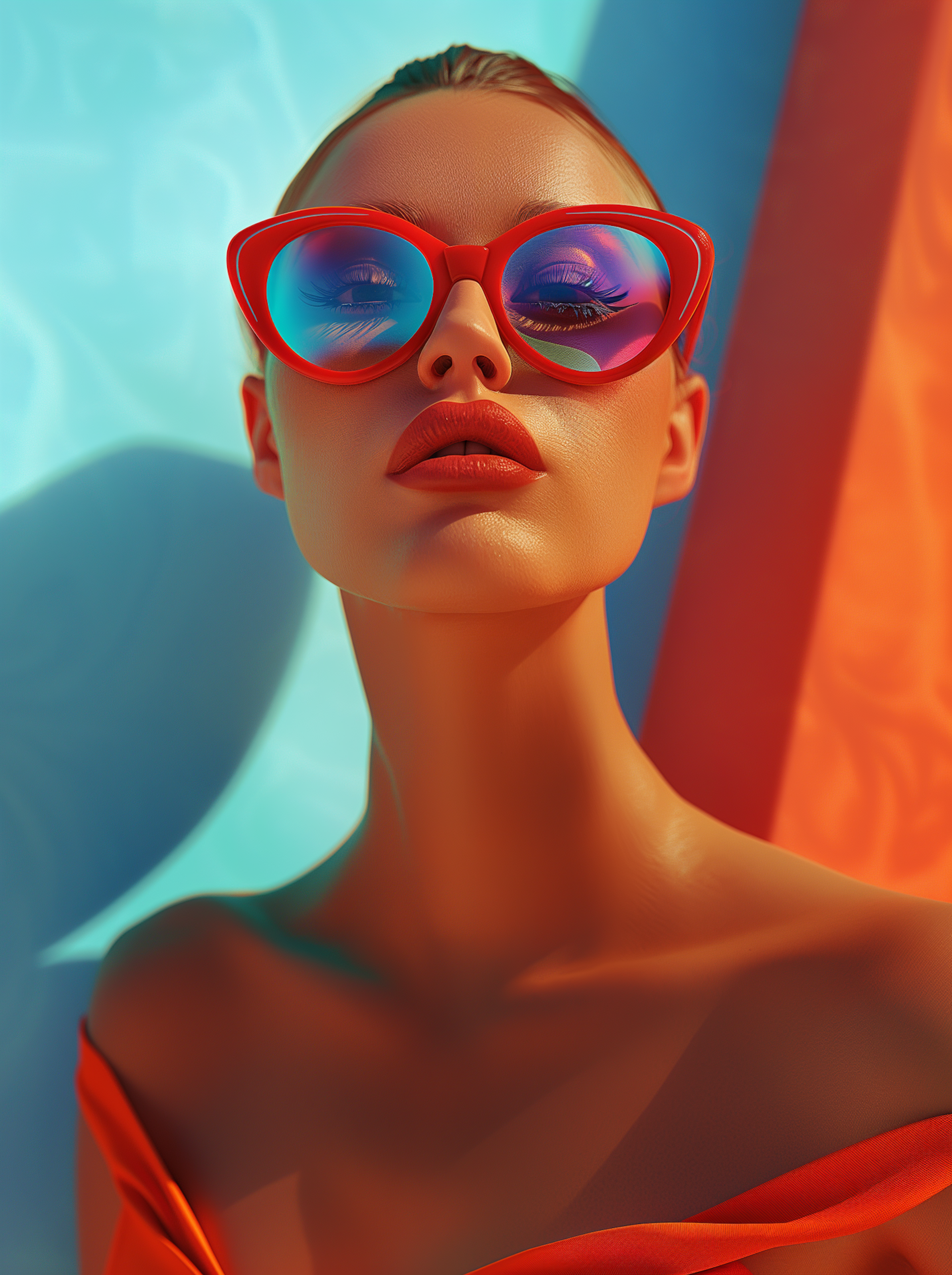 Woman in red heart-shaped sunglasses against a blue sky