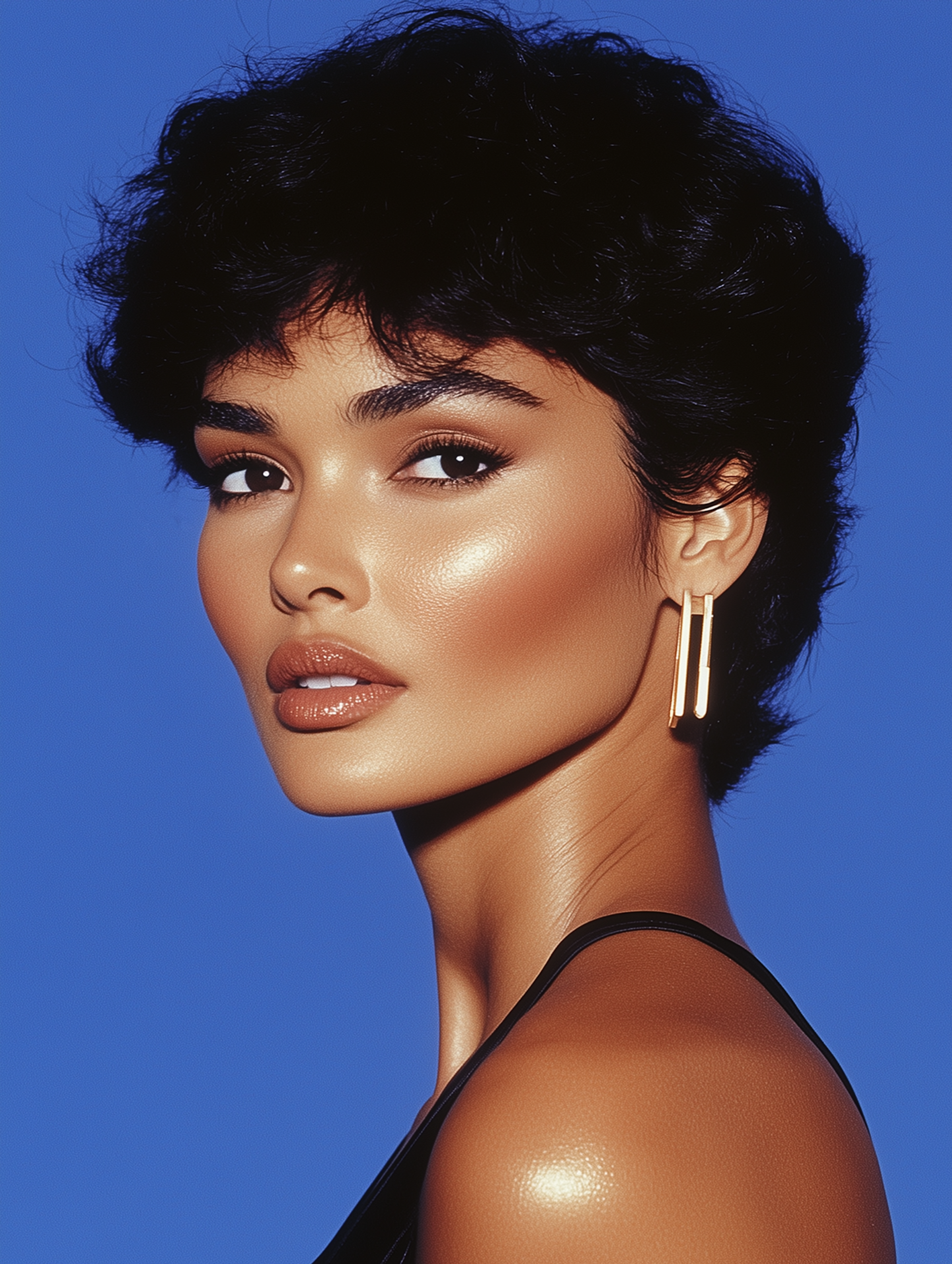 Portrait of a woman with short dark hair on a blue background