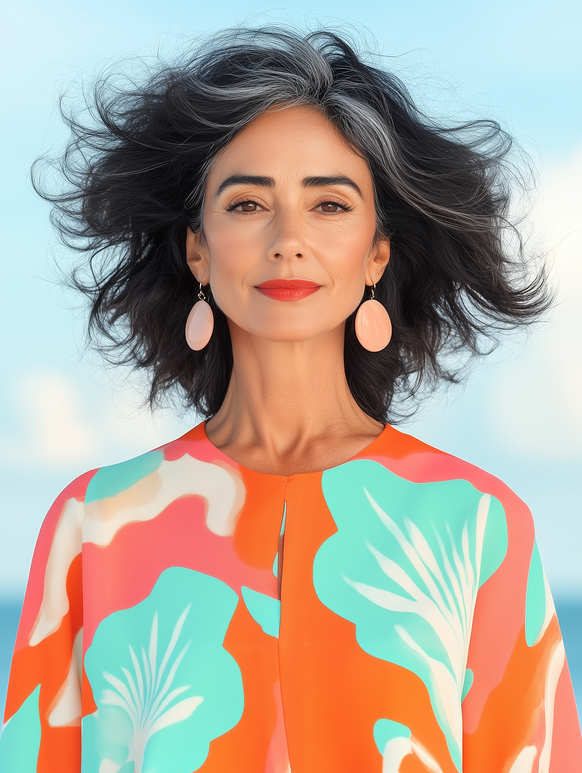 Portrait of a woman with dark wavy hair and pink earrings