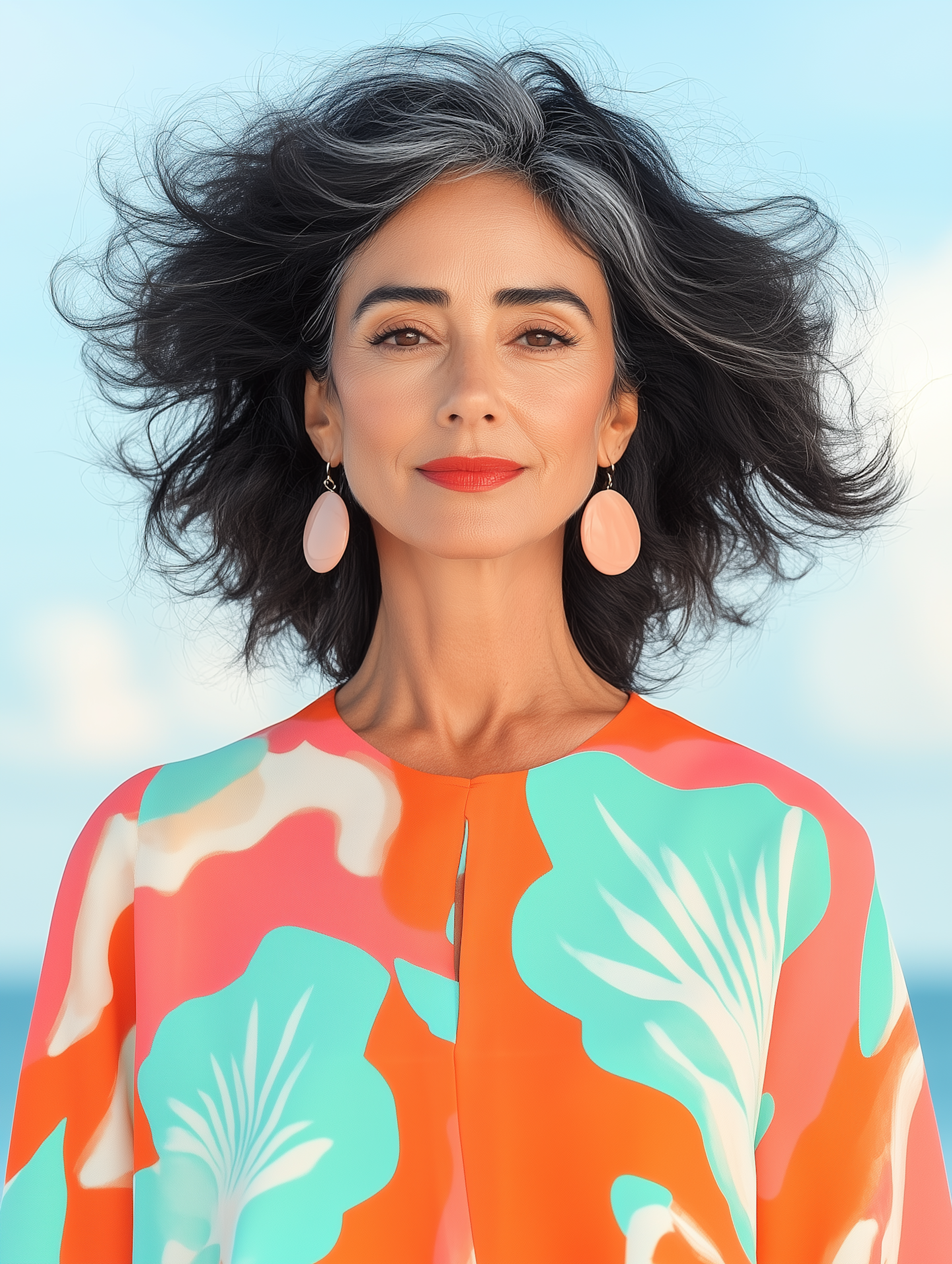 Portrait of a woman with dark wavy hair and pink earrings