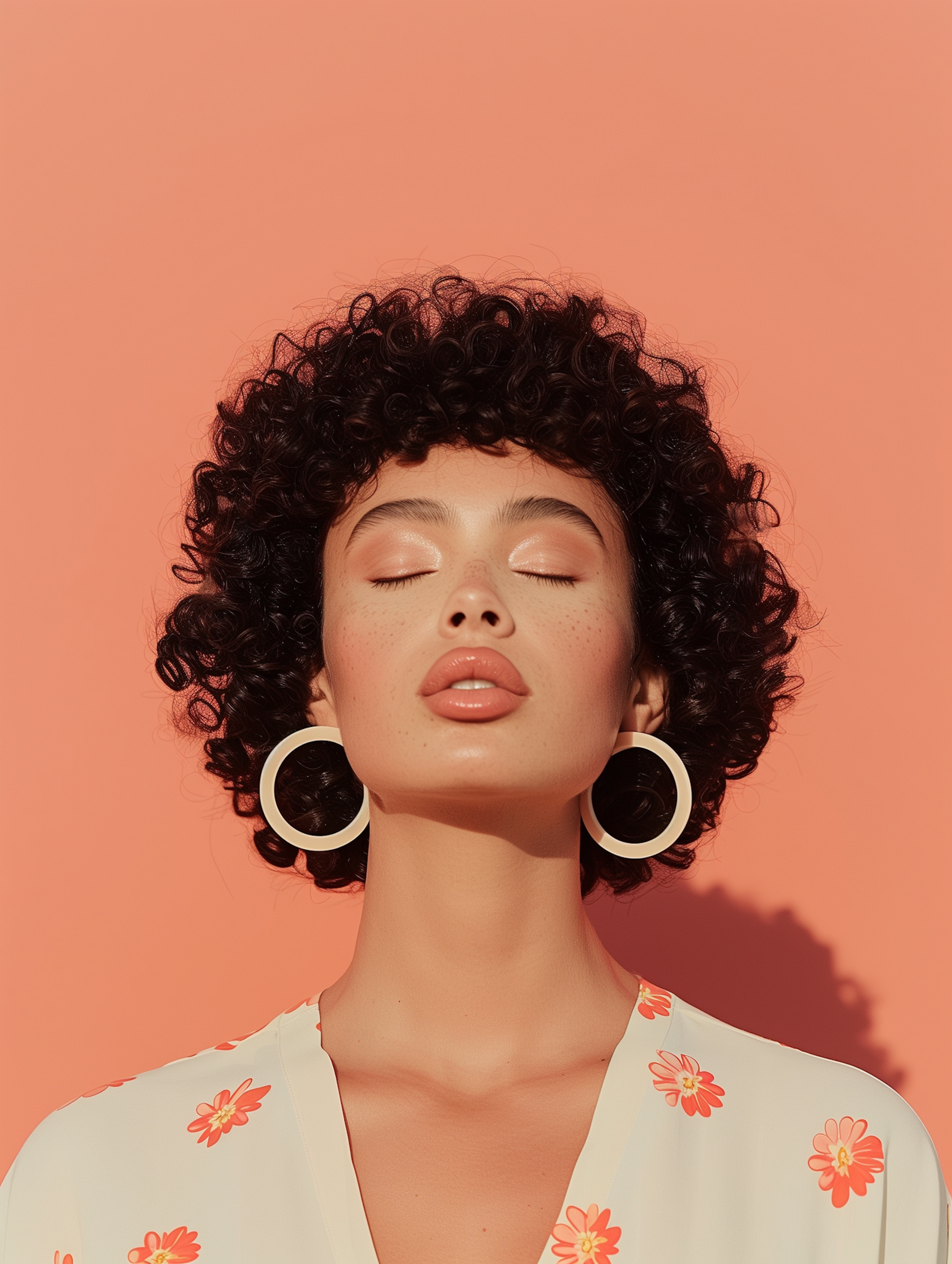 Portrait of a woman with curly hair and hoop earrings on a peach background
