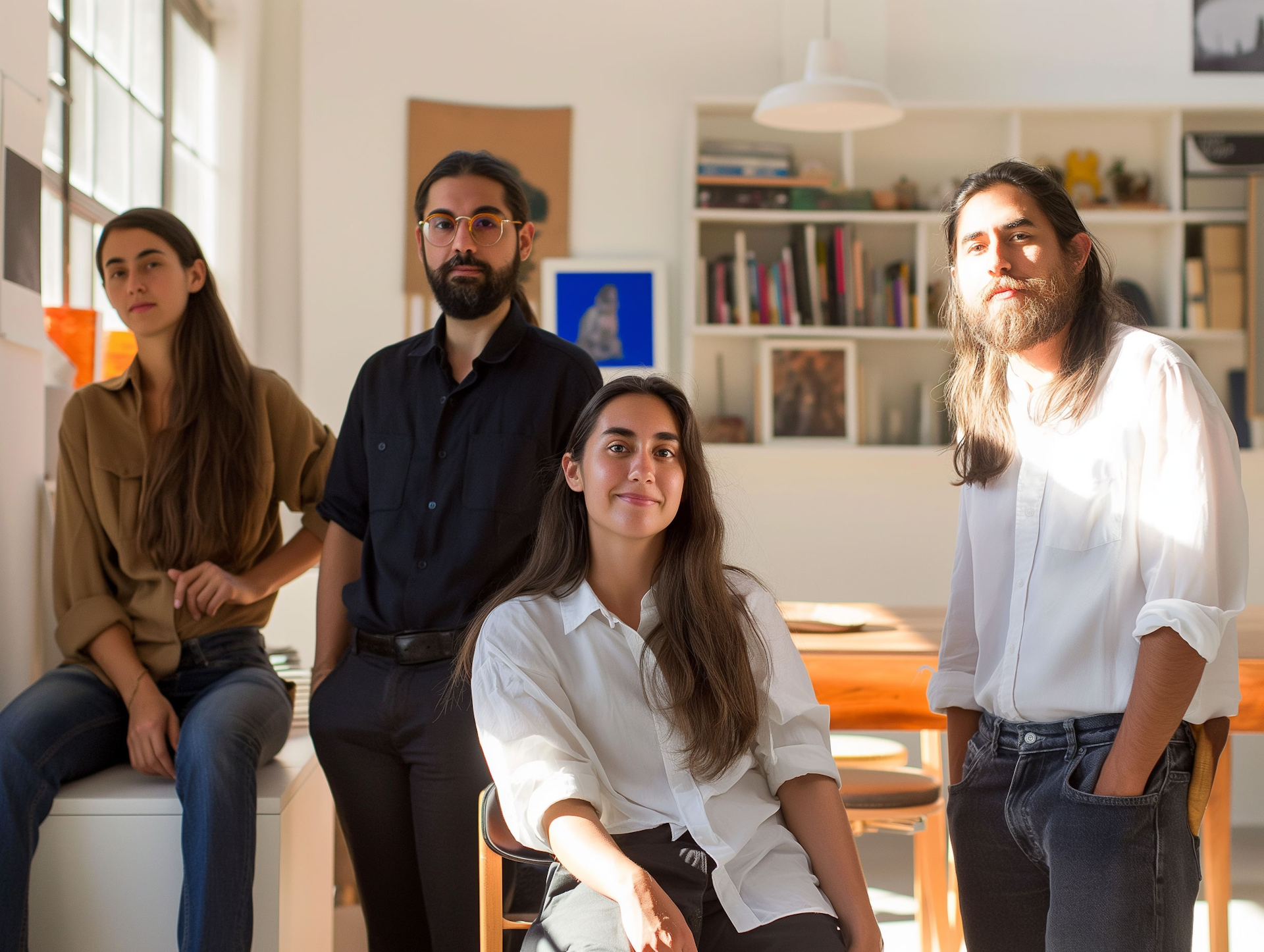 Four members of the team together in a bright studio
