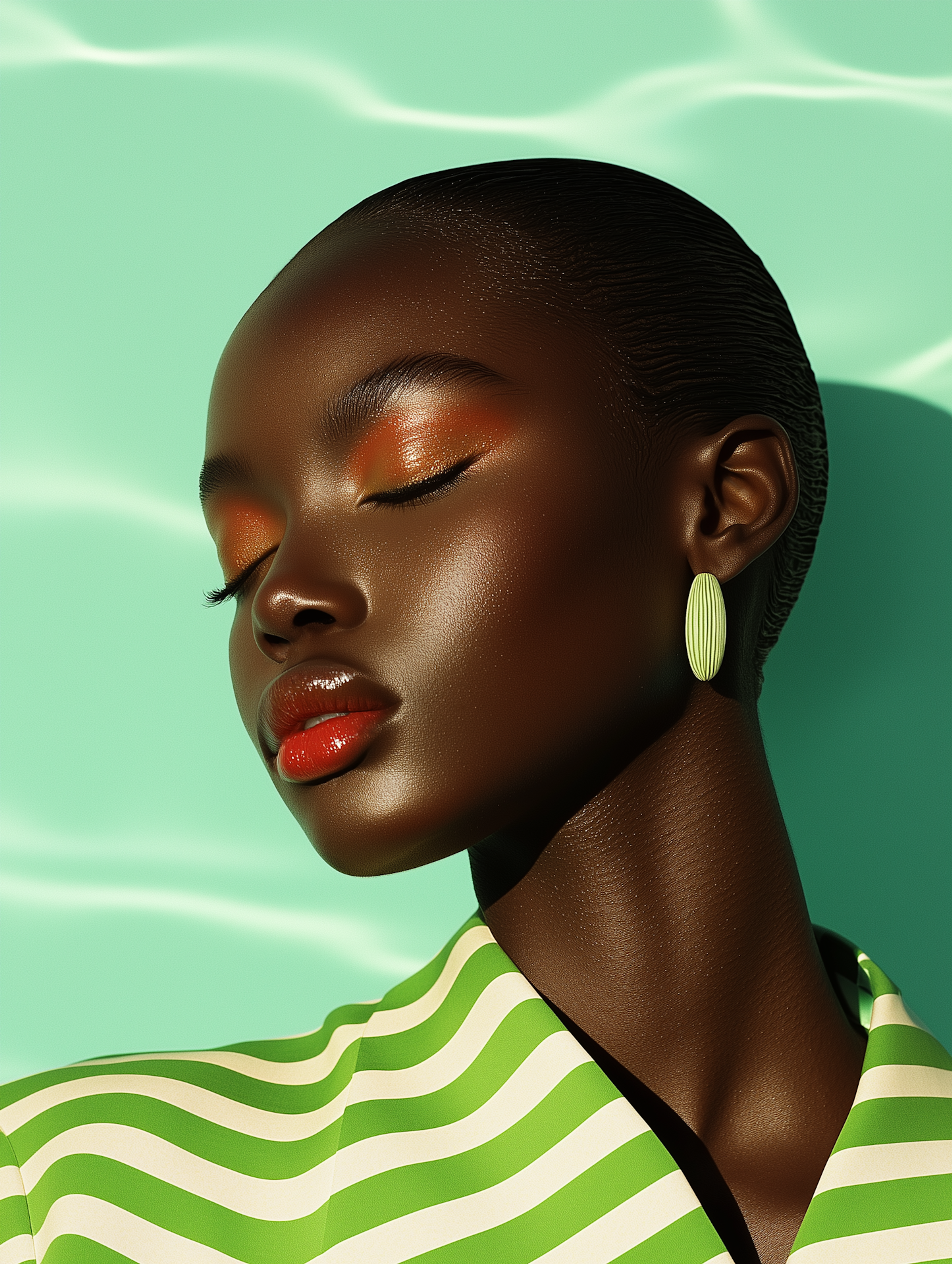Portrait of a woman with orange eyeshadow on a mint background