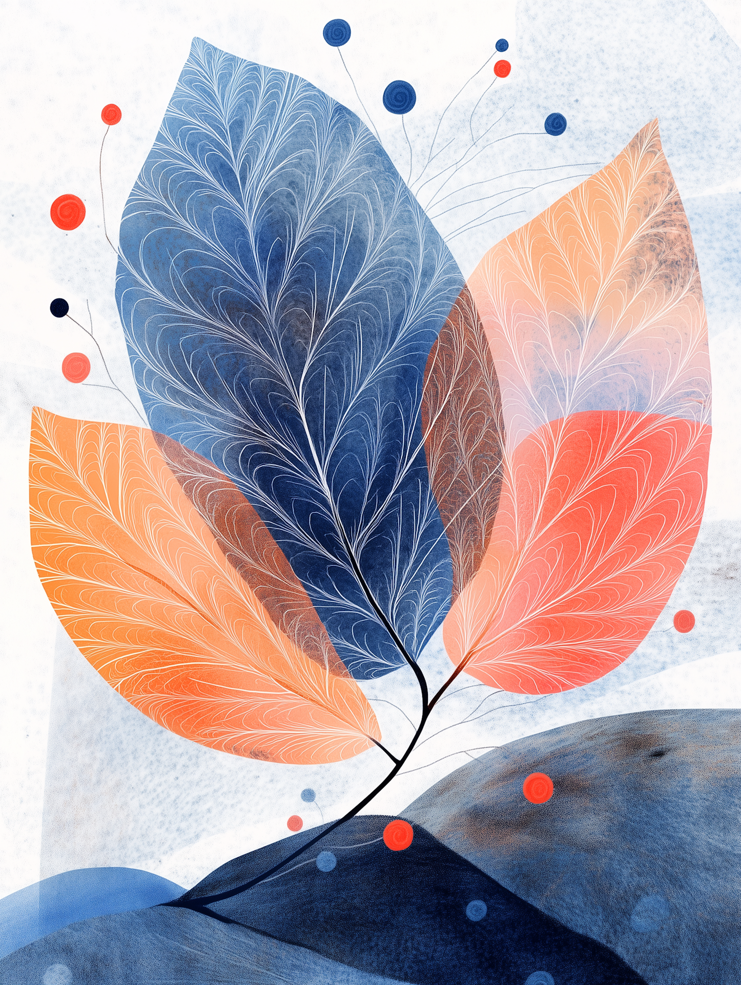 Abstract illustration of blue and coral leaves