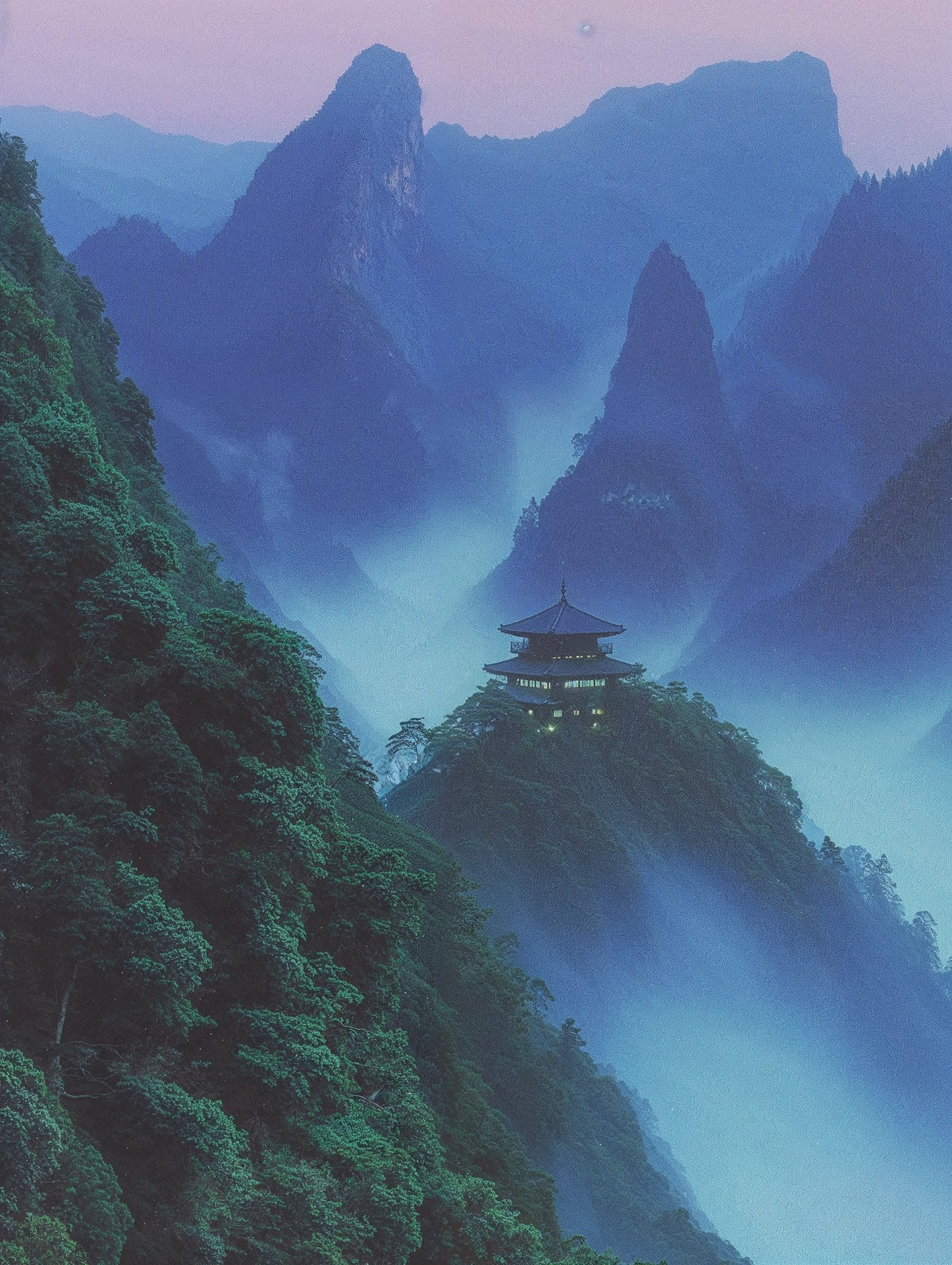 Misty blue mountain landscape