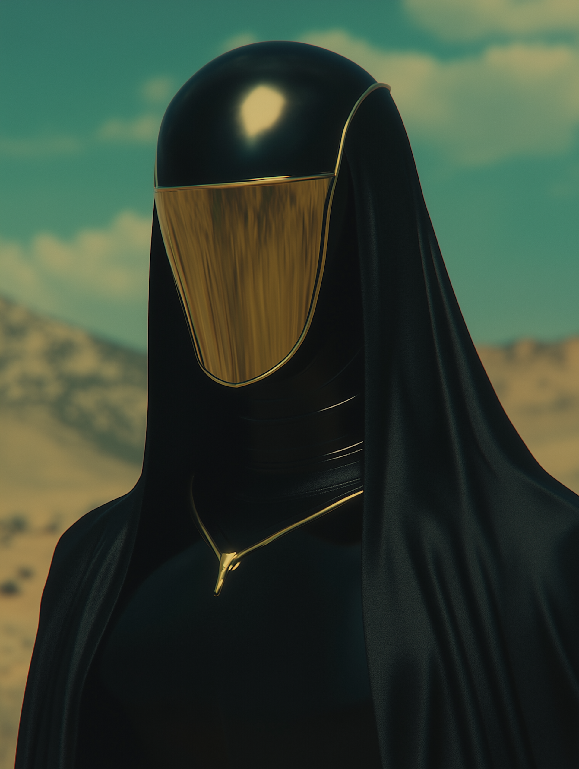 Figure in a black veil with a gold visor in the desert