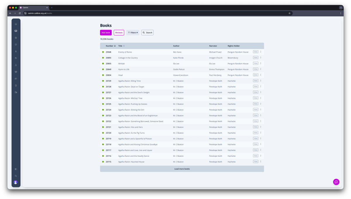 A screenshot of one of the app pages in Catmin, showing a list of audiobook titles