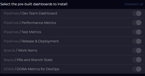 ADO available dashboards