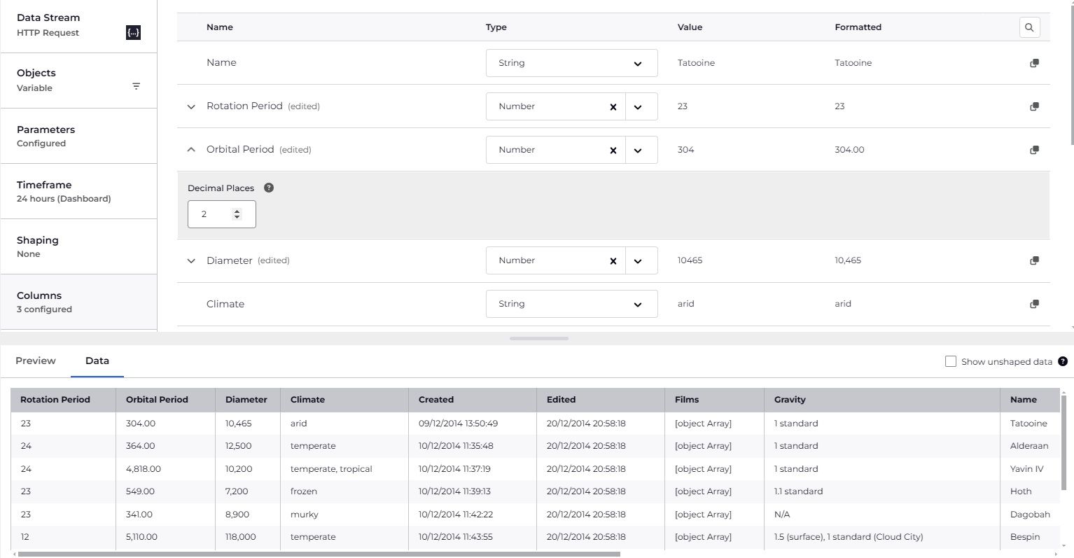 Columns tab and Data table