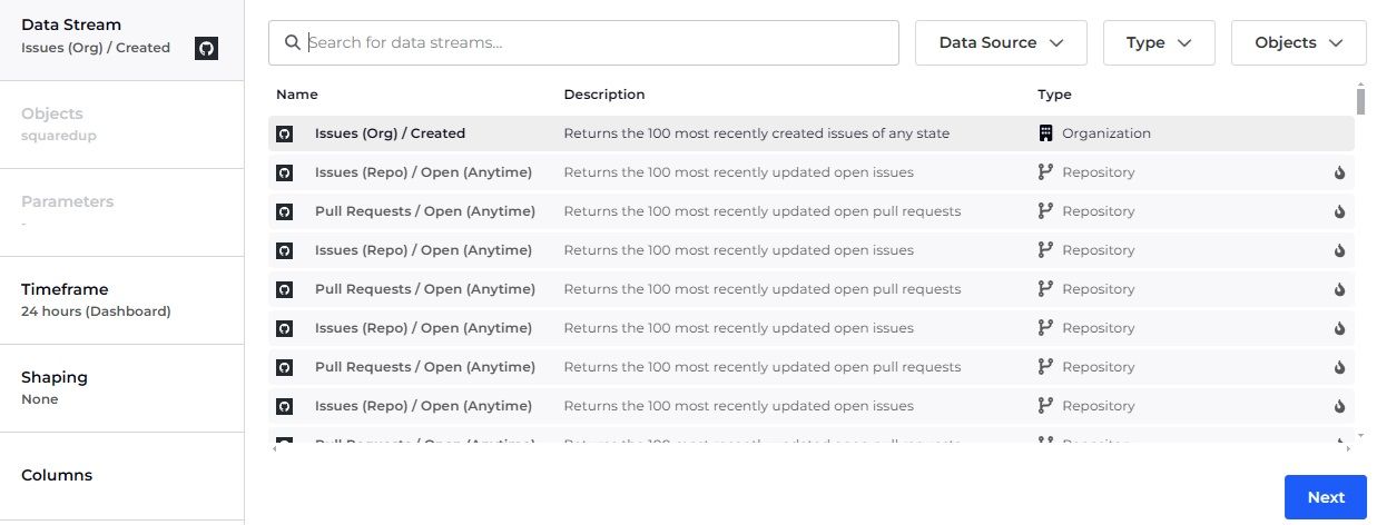 Data streams selection