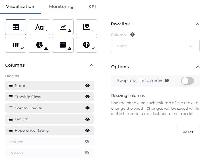 Table visualization settings