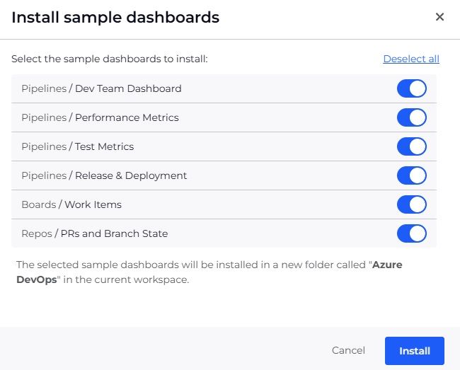 The Azure DevOps Install sample dashboards window