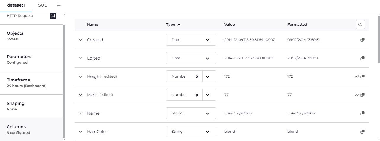 Columns tab and Data table