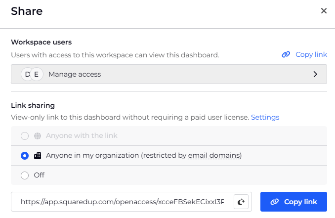 Dashboard share window