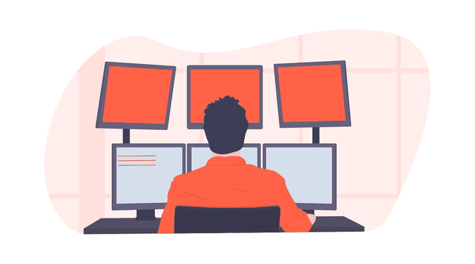 illustration of man in front of multiple computer screens