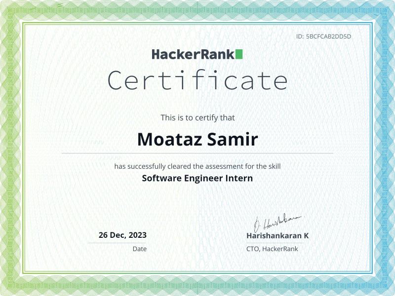 Software Engineer Intern Certificate