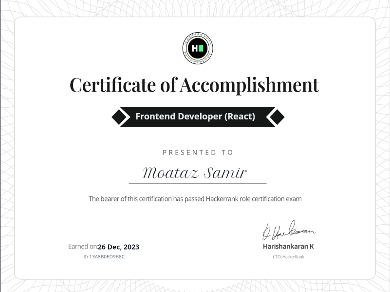 Frontend Developer (React) Certificate