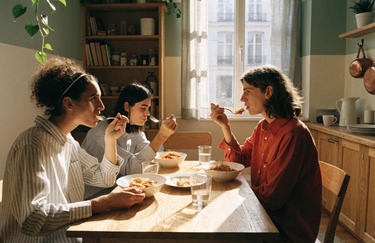 Colocataires partageant un repas dans la cuisine d'un appartement parisien