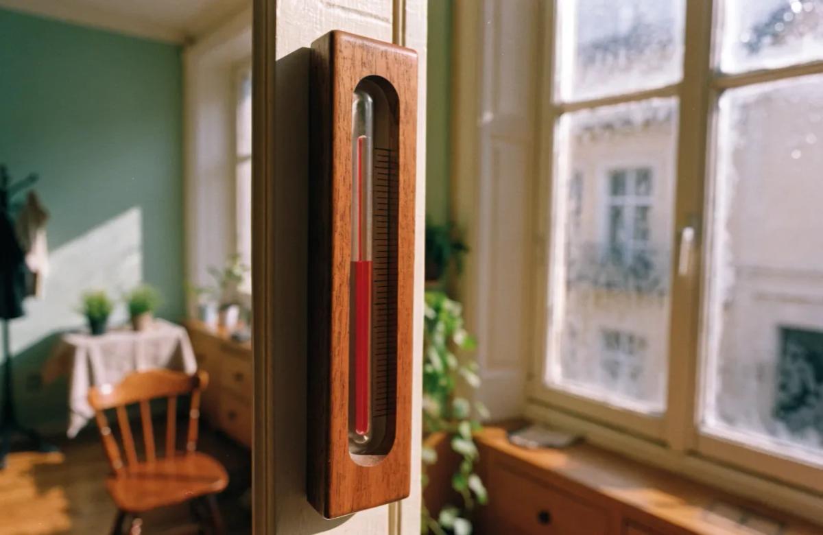 Thermomètre d'intérieur mesurant la température d'un logement en hiver