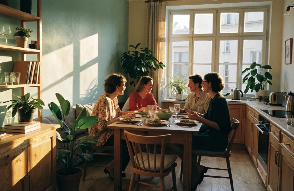 Colocataires partageant un repas dans la cuisine de leur appartement
