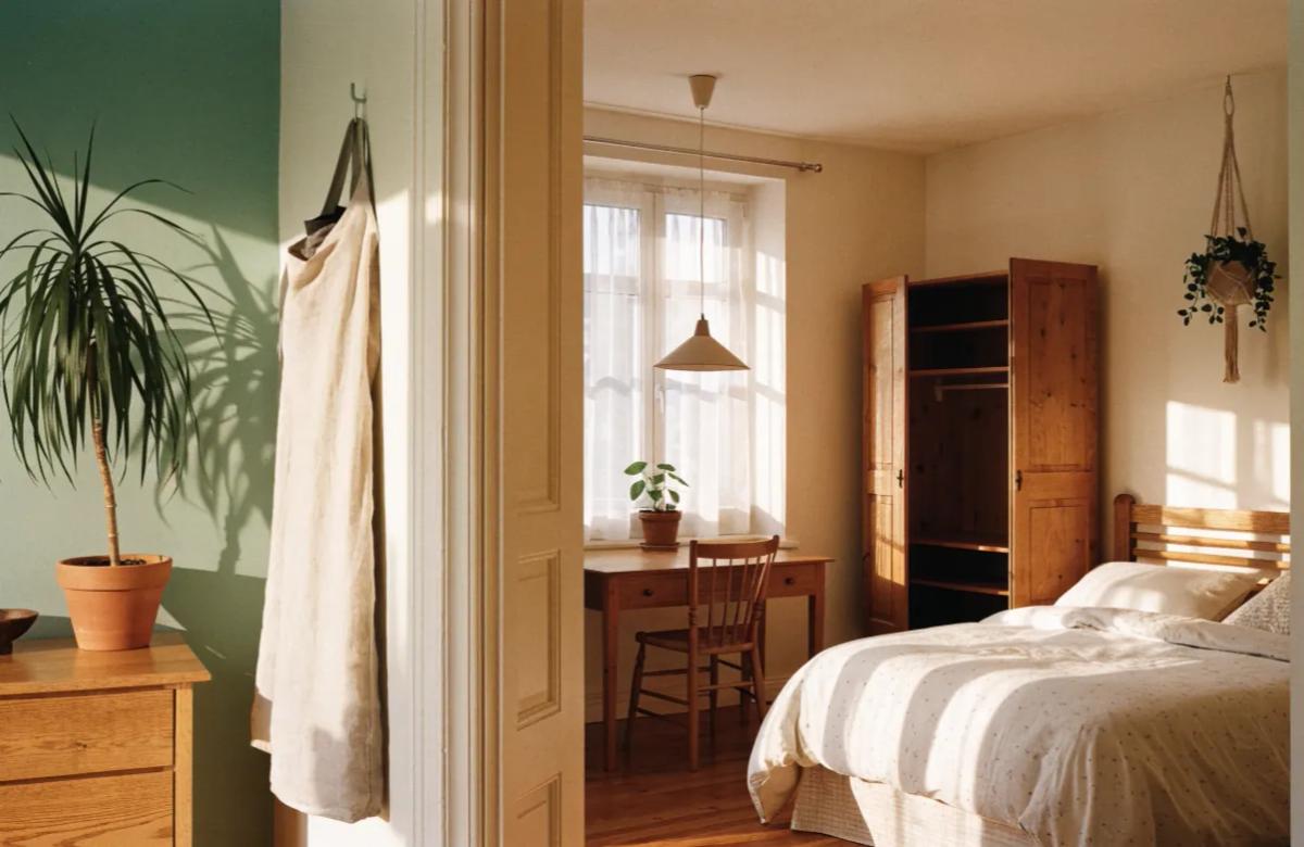 Chambre lumineuse et rangée prête à être photographiée pour une annonce de colocation