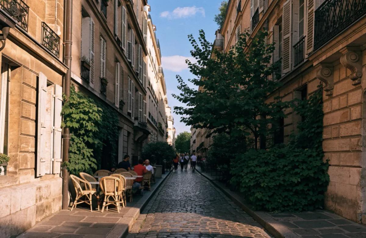 Rue animée d'un quartier parisien avec cafés et terrasses, idéale pour une colocation