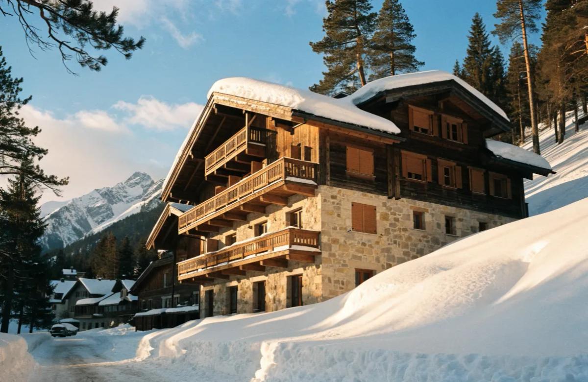 Chalet de montagne enneigé en station de ski, location saisonnière