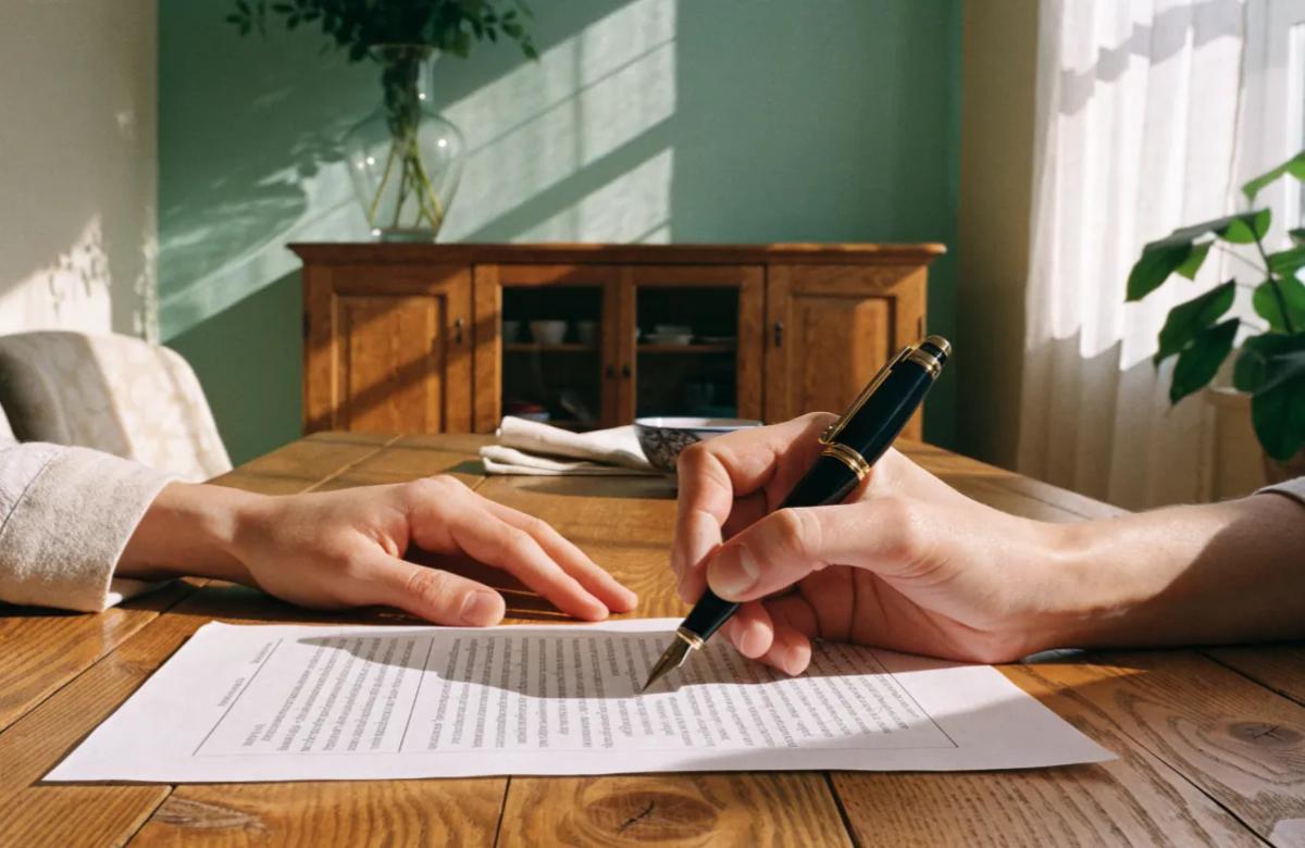Propriétaire remplissant un contrat de bail de location conforme